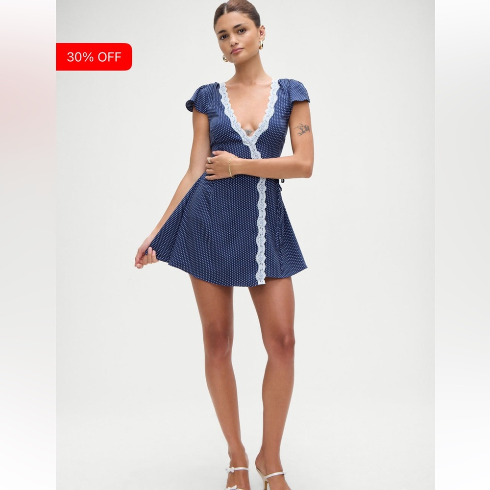 Navy Blue Polka Dot Skirt with Lace Trim